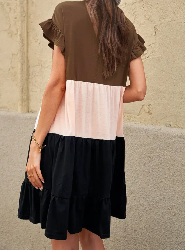 Neutral Color Block Ruffle Dress
