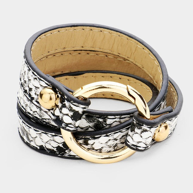 Python Black White Snake Pattern Leather Hoop Wrap Bracelet